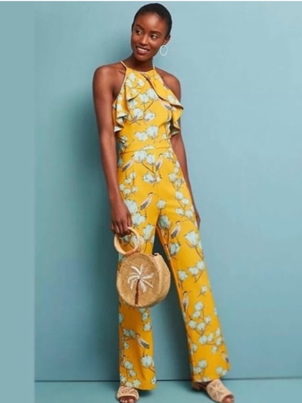 Anthropologie Yellow Floral Halter Jumpsuit